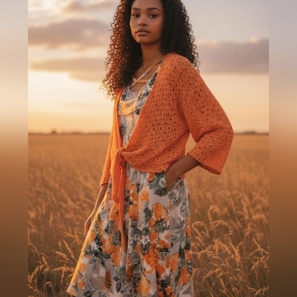 Marallis Canada Orange Floral Fashion Midi Dress With Matching Knit Cover Up  L